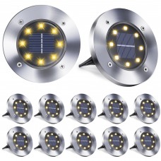 Toodour 12 Pack Solar Ground Lights Outdoor, 8 LED Waterproof Solar in-Ground Disk Lights for Garden Driveway Lawn Pathway Yard Pool Step, Warm White