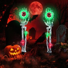 Toodour Halloween Pathway Lights Outdoor, Battery Operated Halloween Skeleton Hands with Light Up Eyeballs & Spiders, Waterproof Halloween Decor for Walkway Garden Yard Lawn, Green