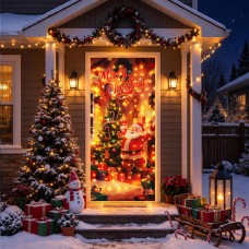 Christmas Door Cover with Lights, 36*80 Inch Front Door Decor with 8 Modes Timer, Santa Claus Warm White Christmas Light for Front Door Porch Banner Backdrop House Xmas Indoor Outdoor Decorations