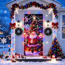 Christmas Door Cover with Lights, 36*80 Inch Front Door Decor with 8 Modes Timer, Santa Claus Multicolor Christmas Light for Front Door Porch Banner Backdrop House Xmas Indoor Outdoor Decorations
