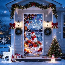 Christmas Door Cover with Lights, 36*80 Inch Front Door Decor with 8 Modes Timer, Snowman White Christmas Light for Front Door Porch Banner Backdrop House Xmas Indoor Outdoor Decorations