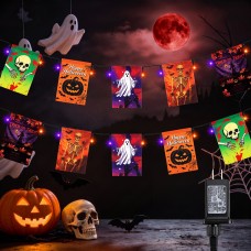 Toodour Halloween Orange & Purple Lights, 48.5ft 50 LED String Lights Outdoor with 25 Spooky Flags, Waterproof Halloween Decorations for Home Party Garden