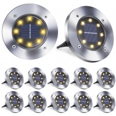 Toodour 12 Pack Solar Ground Lights Outdoor, 8 LED Waterproof Solar Powered in-Ground Disk Lights for Garden Patio Yard Lawn Driveway Pathway, Warm White